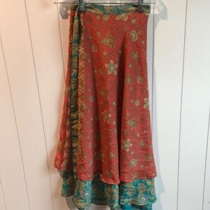 Wrap style reversible Elegant Floral orange and Teal Skirt M